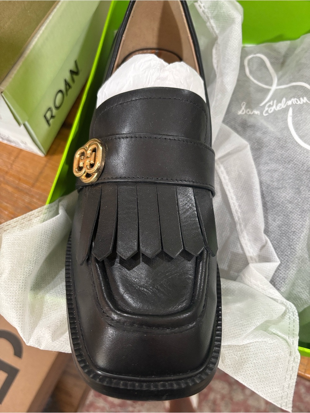 Sam Edelman Black Leather Fringe Block Heel Loafer